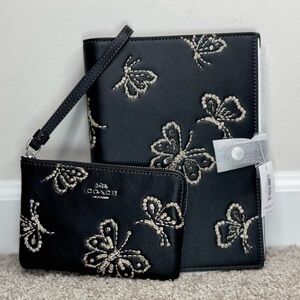 NWT Coach Black Leather Butterfly Print Notebook and Matching Wristlet Gift Set